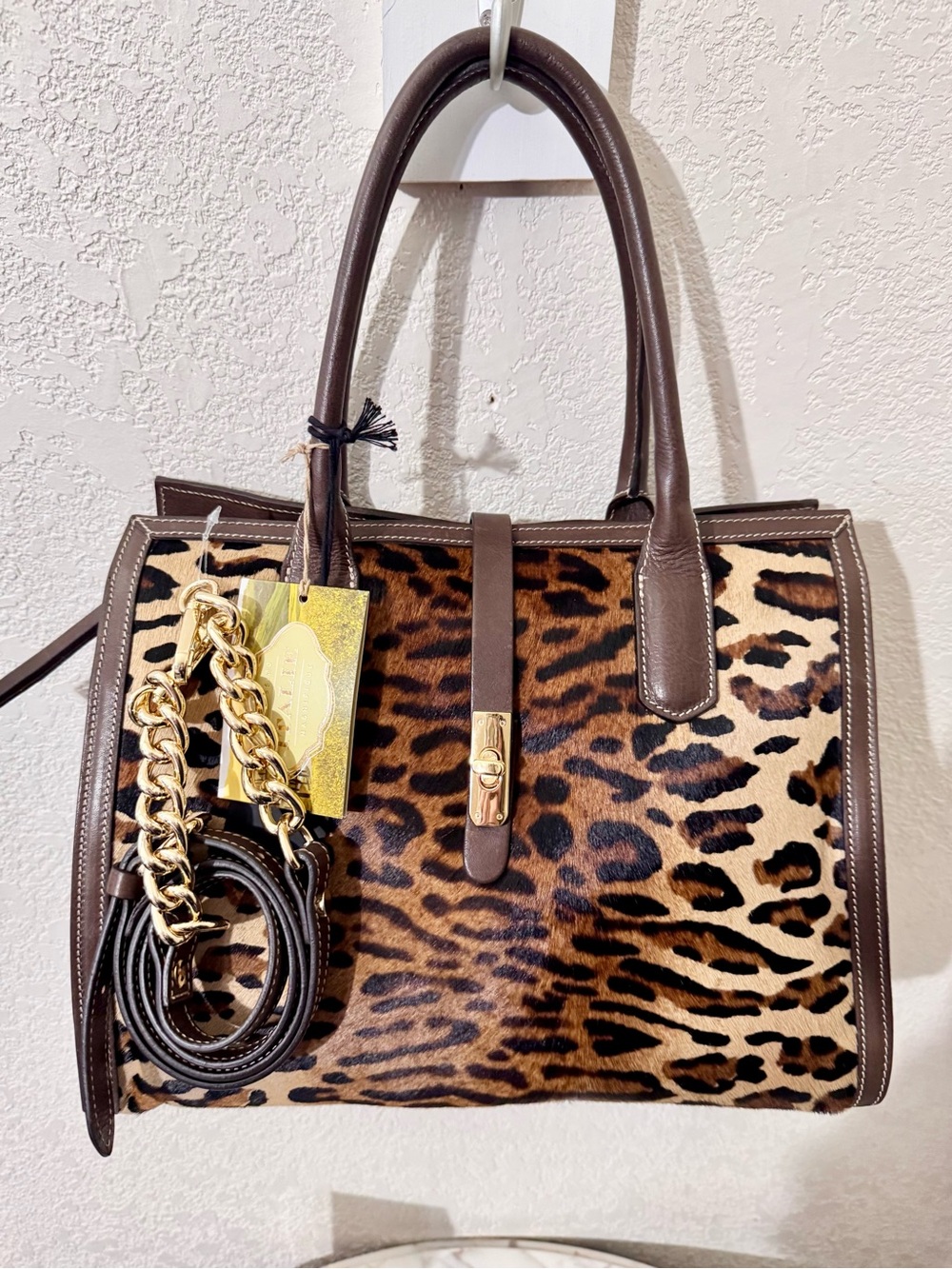 Cavalcanti NWT Leopard genuine chocolate brown Italian leather,calfhair,purse